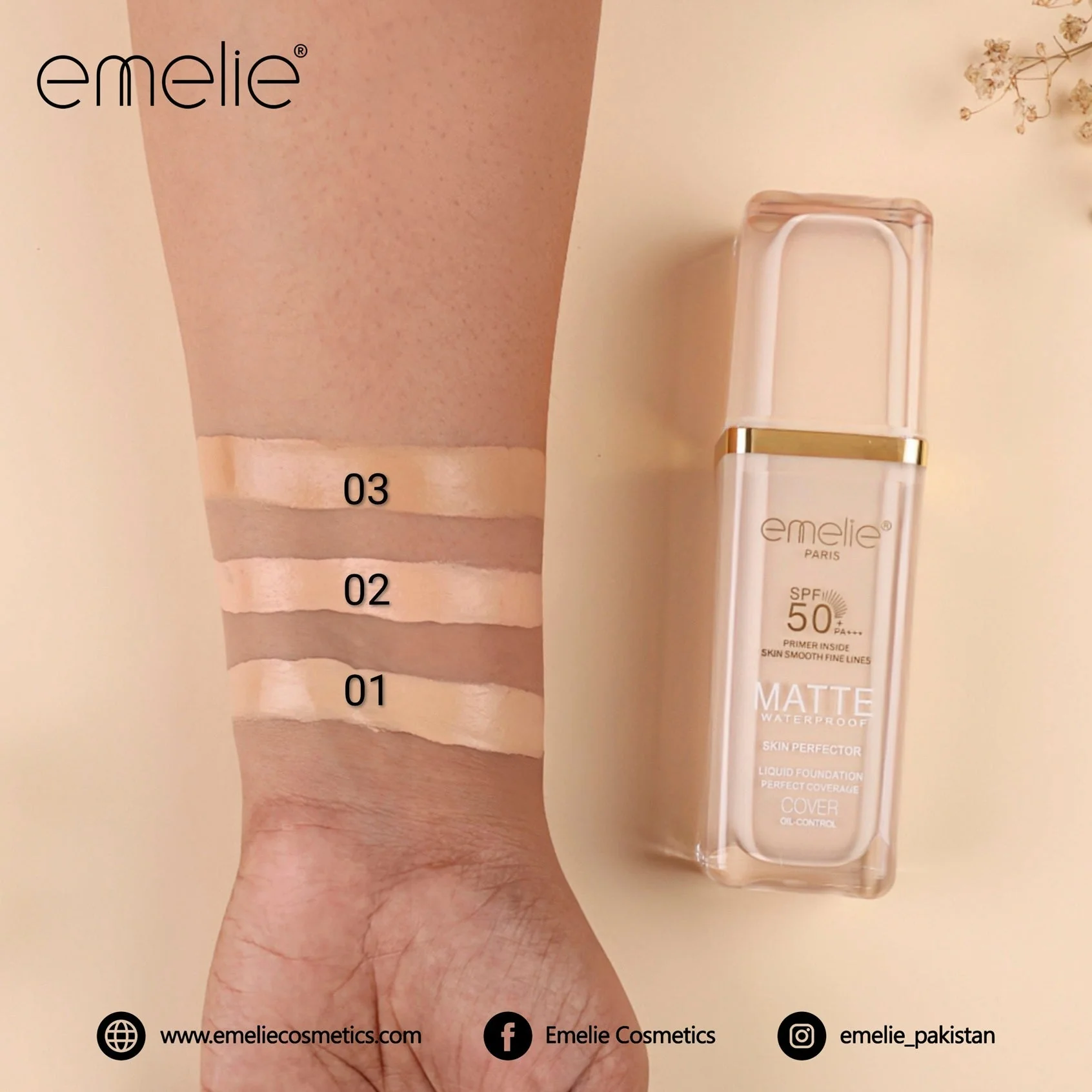 Emelie Skin Perfector Liquid Foundation SPF 50+ Matte Waterproof 30 ML - Image 2