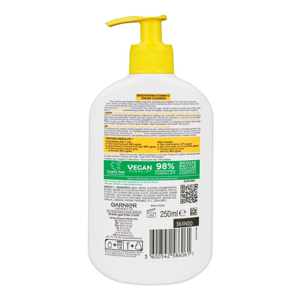 Garnier Skin Active Brightening Vitamin C Cream Cleanser PH Neutral 250 ML - Image 2