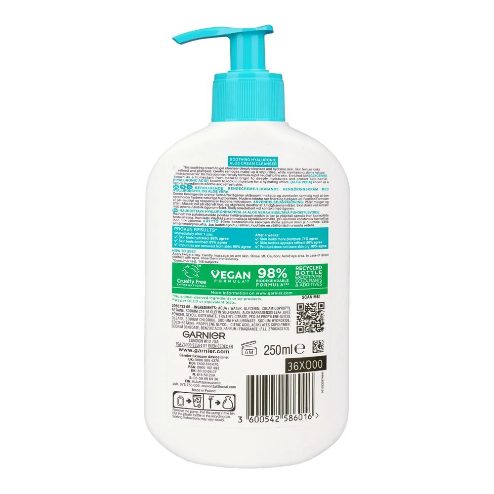 Garnier Skin Active Soothing Hyaluronic Aloe Cream Cleanser PH Neutral 250 ML - Image 2