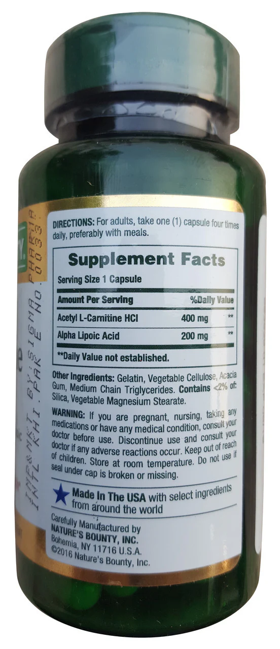 Nature's Bounty Acetyl L-Carnitine HCl 400mg (30 Capsules) - Image 2