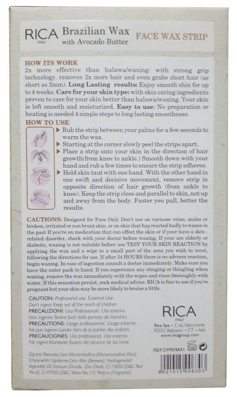 Rica Brazilian Face Wax Strip Avocado Butter 20 Strips - Image 2